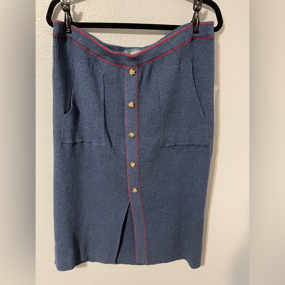 ModCloth Knit Skirt Blue Red Trim Pockets Pull On Academia Preppy Office XL NWT - Picture 2 of 11